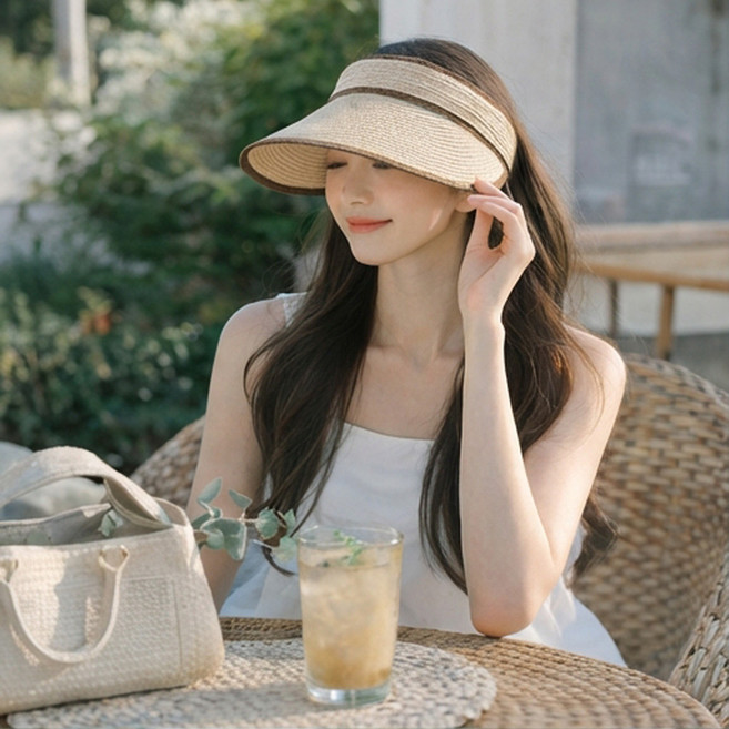 잼젬 여성 여름 라탄 돌돌이 밀짚 라피아 라인 지사 썬 캡 햇빛 차단 데일리 썬바이져