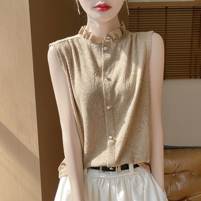 SAHINER 여성 여름 민소매 이너 프릴넥 단추 민소매 티 BTX03