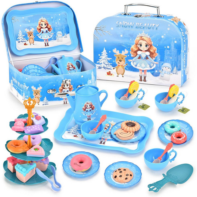 어린이 소꿉놀이 티세트 역할놀이 장난감 손잡이 가방 선물세트, 스노우 블루, 1개