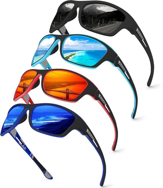 KUGUAOK편광스포츠선글라스남성용운전사이클링낚시선글라스100%자외선차단고글 Xh-블랙렌즈124899, 4팩-블랙+블루+딥 블루+레드
