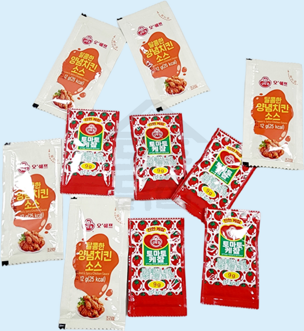오뚜기 봉지 소포장 일회용 양념치킨소스 12g 5개 + 토마토케찹 9g 5개 낱개포장 세트, 1개
