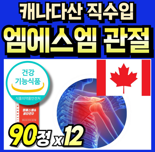 식약청 인정 캐나다산 직수입 엠에스엠 연골건강 관절케어 뼈건강 프리미엄 골드 msm Powder 비타디 식이유황 msn 관절건강 60대 부모님 플러스 노인 캡슐 Joint 식용유황, 12세트, 90회분