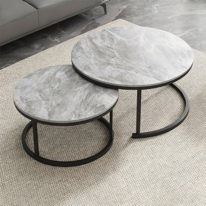 New World 거실테이블 70+50CM 원형티테이블 CJ01, 그레이+블랙