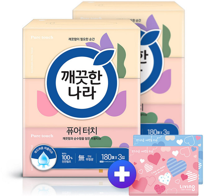깨) 퓨어터치 미용티슈 180매3입2팩 +휴대40매2개, 1개, 180매