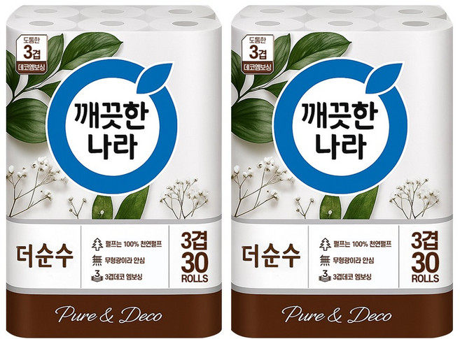 깨끗한나라 더 순수 엠보싱 3겹 천연펄프 화장지, 2개, 30롤, 25m