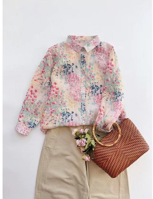 HANLIN 여성 순면 꽃무늬 셔츠 루즈 심플 얇은 프린트 긴팔 와이셔츠 남방 블라우스 B15E1D-E11D