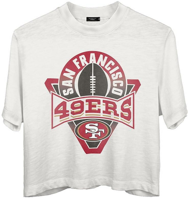 Junk Food NFL 여성용 샌프란시스코 49ers 풋볼 로고 반소매 모크넥 크롭 티 화이트