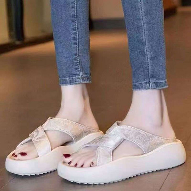 YAPOGI 여성용 통굽 가죽슬리퍼 여름 발편한 비치샌들 교차 스트랩 휴양지 슬리퍼 5cm