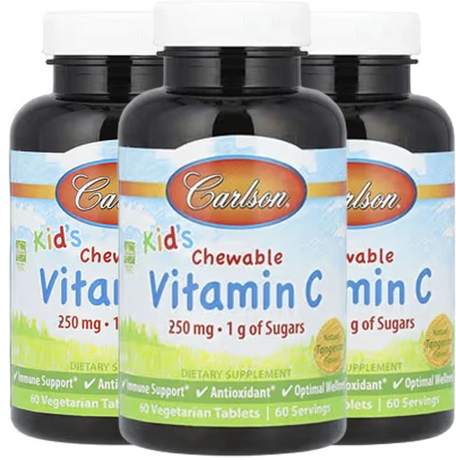 칼슨 어린이용 츄어블 비타민C 천연 귤 맛 250mg 60베지정제, 3팩, 60정 - 쿠팡