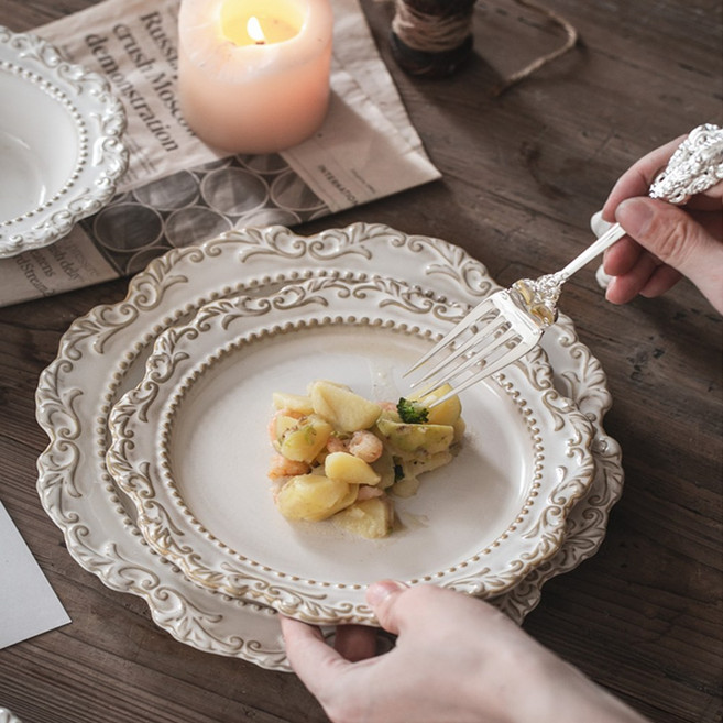 왕실 궁정 스타일 북유럽접시 예쁜접시 복고풍 부조 바로크 접시 예쁜 홈카페 파스타 브런치 빈티지 접시 스테이크 플레이트, 하얀색, 1개