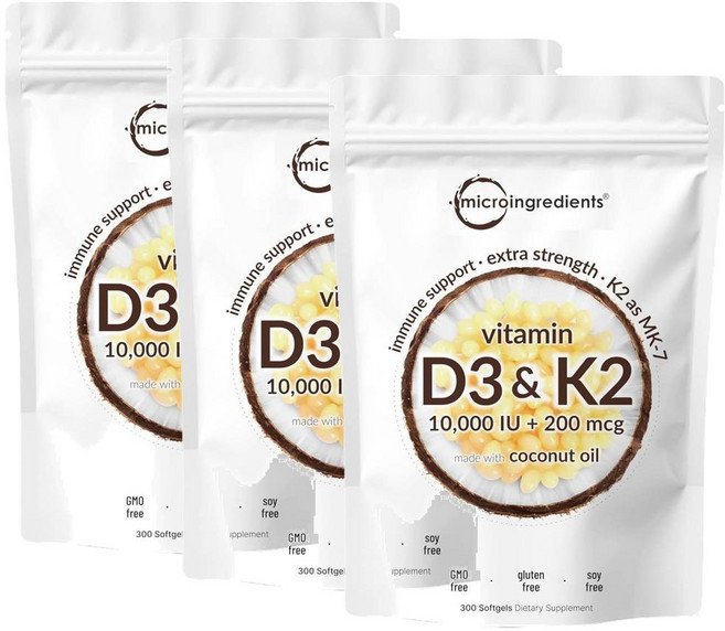 마이크로인그레디언트 비타민D3 10000IU 플러스 K2 (MK-7) 200mcg 소프트젤 Micro Ingredients Vitamin D3 K2 (MK-7), 3개, 300정
