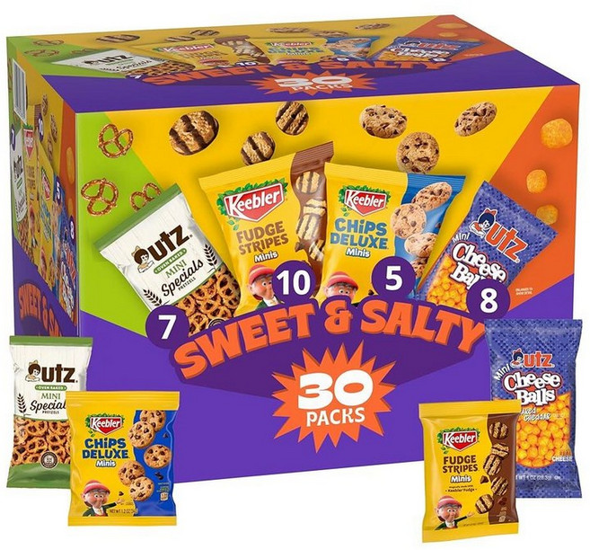 Keebler Sweet & Salty Variety Pack 30-Count Box Includes Chips Deluxe Fudge 스트라이프(줄무늬)s Utz 미니