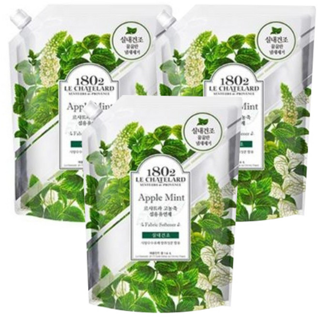 르샤트라1802 실내건조 고농축 섬유유연제 애플민트 리필, 1.6L, 3개
