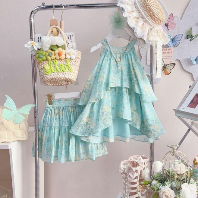 해피유통 여성 플라워 레이어드 탑과 주름 미니 스커트 디자인14세 이상