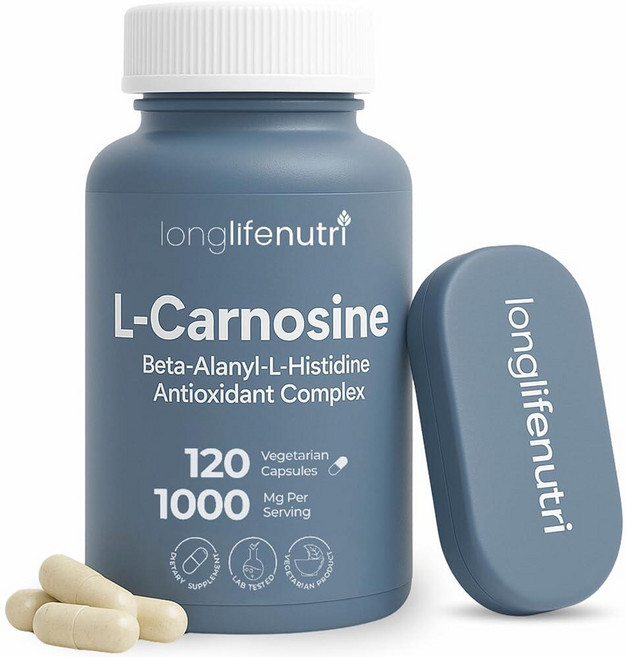LongLifeNutri L-카르노신 1000mg - 세포 에너지 및 뇌 투명도를 위한 베타-알라닐-L-히스티딘 보충제 채식주의자 캡슐 120개 2개월 분량 GMP 인증, 1, 120