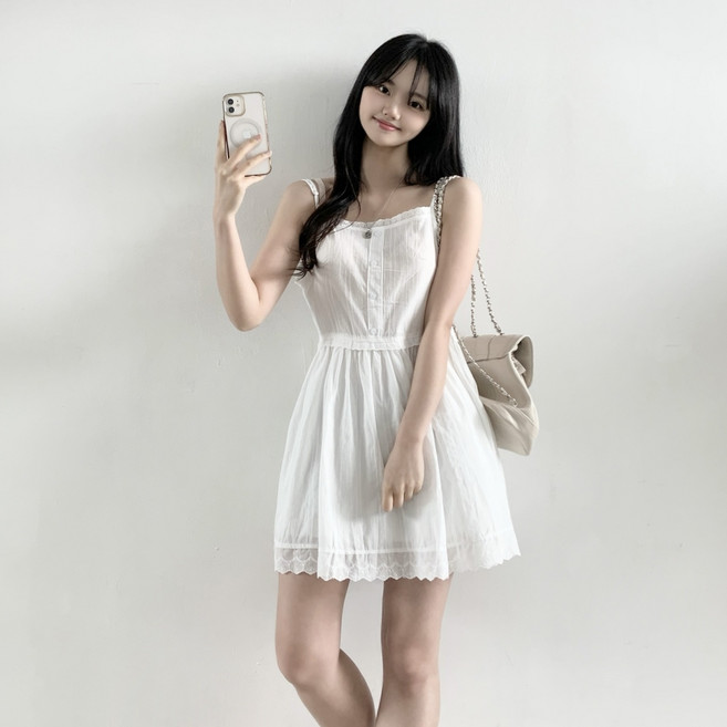 제이앤썸 모리걸 레이스 펀칭 버튼 끈원피스 뷔스티에 레이어드 휴양지 빈티지 셔링 원피스