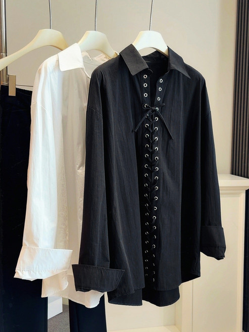 【顯瘦綁帶】襯衫裙 襯衣裙 連衣裙 中長款襯衫 寬鬆襯衫 翻領襯衫 小眾設計 門襟綁帶 春季新款 通勤度假穿搭, 黑