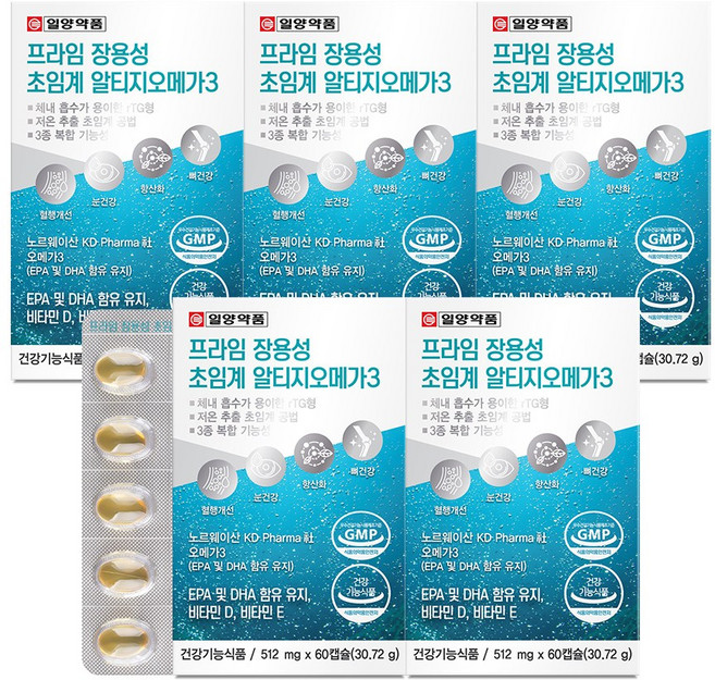 일양약품 프라임 장용성 저온초임계 알티지 오메가3 / 소형캡슐 혈행 눈건조개선 항산화, 60정, 5박스