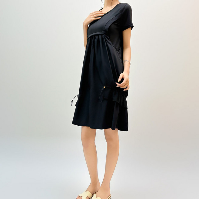 에리페 여성용 젬 페이크 레이어드 반팔 미디 원피스