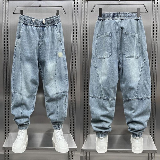 ORZQU 봄여름 남자 데님 배기 팬츠 캐주얼 밴딩 조거 청바지 데일리룩