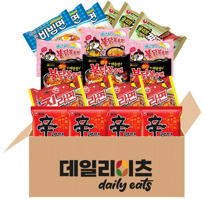 [데일리이츠] 봉지라면 낱개 농심 오뚜기 삼양 팔도 6종 20개입 (불닭볶음면3 + 까르보불닭3 + 팔도비빔면3 + 짜파게티3 + 신라면4 + 진라면 매운맛4), 4세트