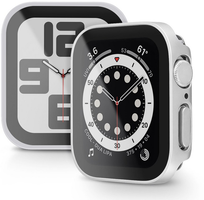 뷰씨 애플워치 스퀘어 풀커버 일체형 9H 강화유리 액정보호 케이스, 무광 실버