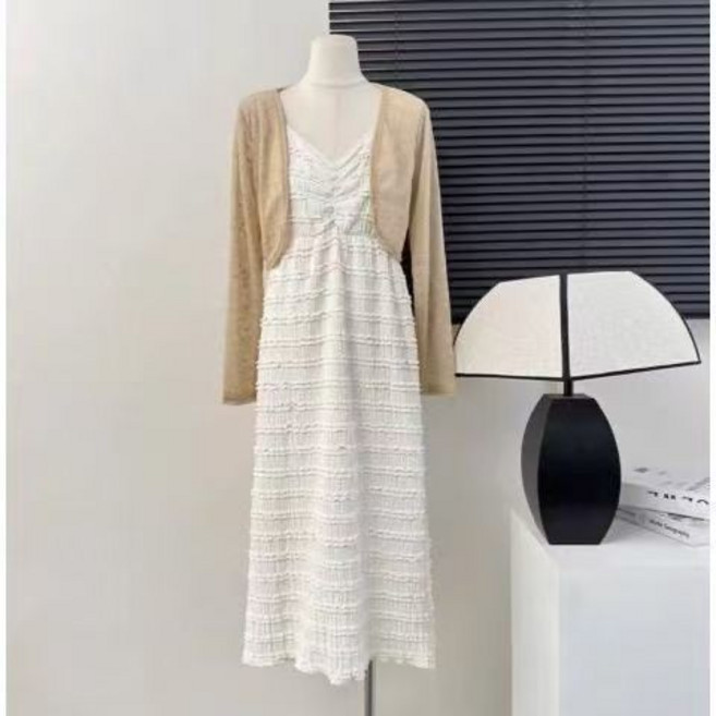 V領吊帶連衣裙女春夏收腰顯瘦長裙, 1個, 白色322#L 建議100-115斤