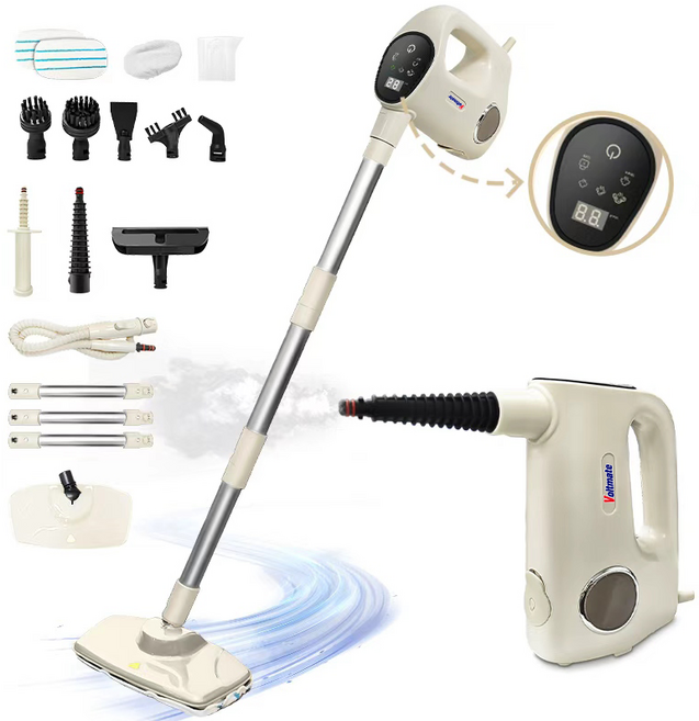 Voltmate 핸디형 스팀청소기 12 in 1 고압 핸디 터치스크린 스팀 밀대 주방 화장실 거실 창문 소파 등 스팀 고온 살균 스팀청소기, 베이지