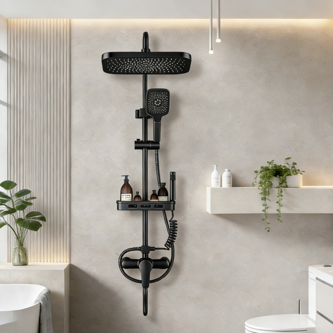 YAPOGI 온도조절 욕실 샤워기 수전 세트, 블랙, 1세트