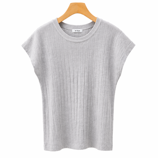 여성 여름 골지 니트 프렌치소매 라운드 반팔 티셔츠