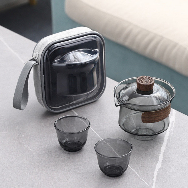 日式便攜旅行茶具 一體式快客杯套裝 耐熱玻璃 戶外露營辦公功夫茶杯, 暮雨蓋碗一壺兩杯A款, 1個