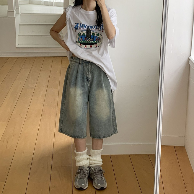 큐니티 남녀공용 와이드 데님 버뮤다 팬츠 5부 청반바지 빅사이즈 연청 중청