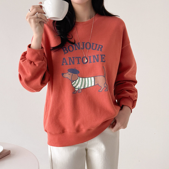 데일리앤 루크독 강아지 프린팅 라운드넥 긴팔 티셔츠 봄 오버핏 스웨트셔츠