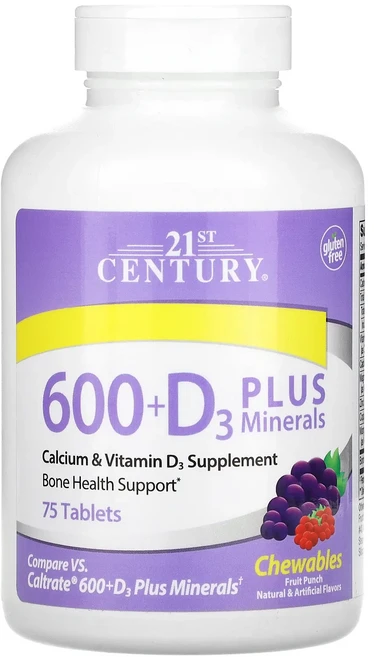 21st Century 600+D3 플러스 미네랄 프룻 펀치 츄어블 정제 75정, 1개 - 쿠팡