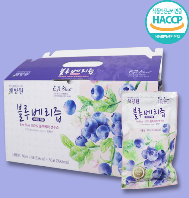 강원도 화천 국내산 무농약블루베리 3.8kg NFC착즙 100% 무설탕 프리미엄 블루베리즙 80ml x 30개입, 1박스, 2.4L