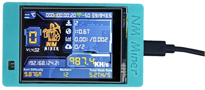 NM MINER+ BTC 1000KH/S Harshrate 2.8인치 스마트 디스플레이(쉘 비트코인 ​​암호화 솔로 복권 채굴기 NerdMiner 포함), 레이크 블루