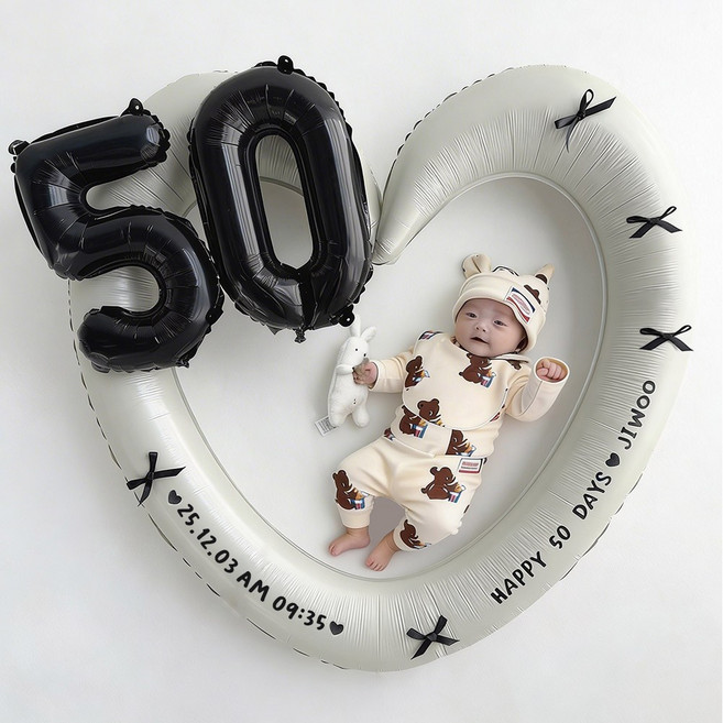 로나파티 50일 셀프 촬영 레터링 숫자 풍선 하트 아기 기념일 소품 용품, 크림 하트+블랙