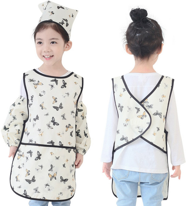 아동용 방수 앞치마두건토시세트, 아이보리나비