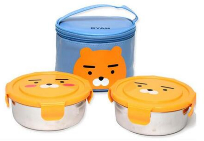 카카오 원형 귀여운 라이언 캐릭터 2단 도시락통 스텐찬합 직장인 어린이 초등 유치원 소풍, 카카오원형스텐가방도시락2단라이언, 1개