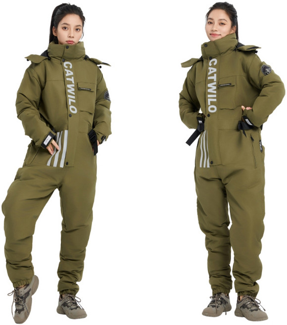 지누오 오토바이 방한복 배달 라이딩 일체형 우주복 허리조절가능스키복 겨울 스즈끼복 배달 방한복 바이크 방한 용품 패딩, XL, 녹색