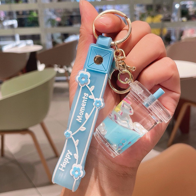 彩珠兔兔流沙吊飾 胖兔子流沙瓶鑰匙圈 壓克力彩珠吊飾 可愛鑰匙扣 包包吊飾, 獨角獸奶茶杯（藍）, 1個