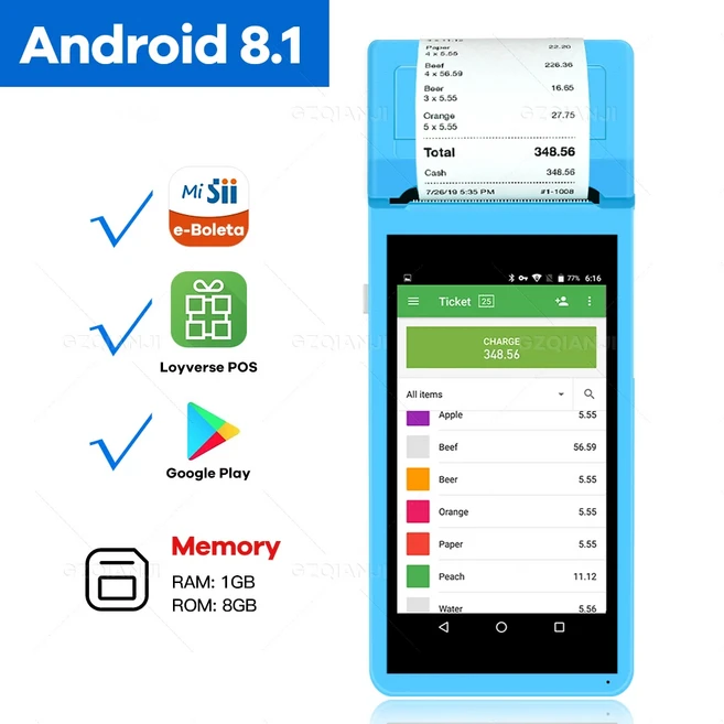 안드로이드 8.1 PDA e-Boleta SII Loyverse POS 시스템 열전사 프린터 블루투스 와이파이 휴대용 5.5 인치, 01 EU, 01 빠른, 02 Blue