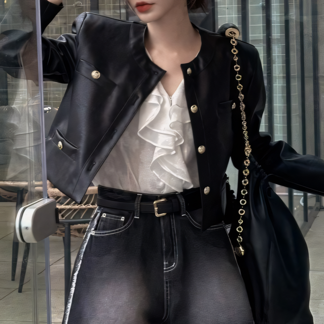 예쁨시전 봄 가을 시크 라이더 캐주얼 버튼 라운드 긴팔 가죽 자켓