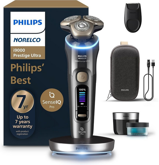 Philips Norelco Shaver i9000 Prestige Ultra 습식 및 건식 전기 면도기 화이트 골드 SenseIQ Pro 기술 트리플 리프트 앤 컷 시, Black, i9000 Prestige + Charge Stand/