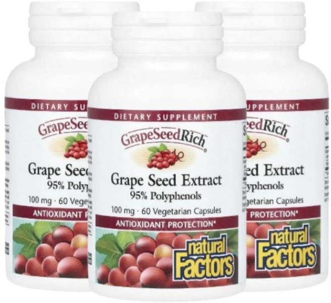 내추럴팩터스 Natural Factors GrapeSeedRich 포도씨추출물 100mg 60베지캡슐 3개 폴리페놀 흑자색포도 비티스 비니훼라, 60정 - 쿠팡