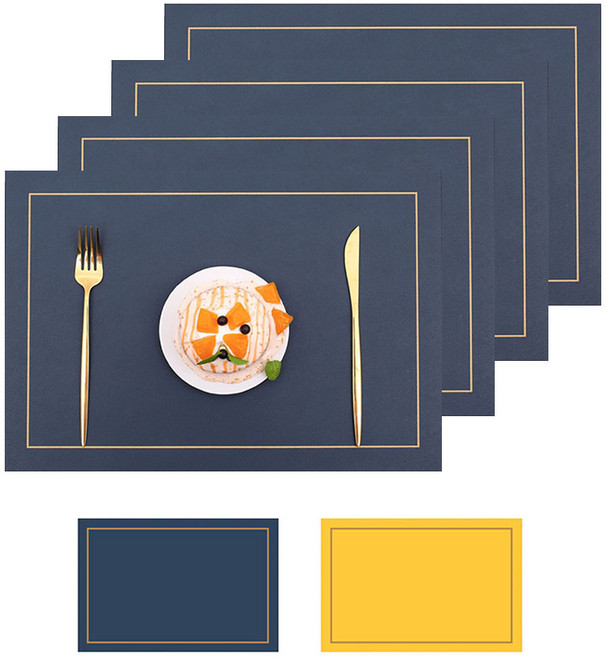 리몬 양면 방수 북유럽 가죽 사각 브런치 식탁 미끄럼방지 테이블매트 4p, 네이비옐로우, 4개, 43x30cm