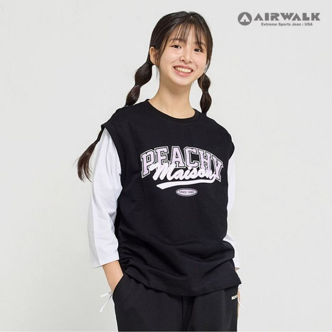 에어워크 주니어 피치 옆라인 스트링 포인트 7부 레이어드 티셔츠