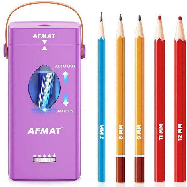 AFMAT 전동 연필깎이 6-12mm No.2/점보 연필용 완전 자동 연필깎이 자동 입력 및 출력 5가지 선명도 모드 교실/가정/사무실용 충전식 튼튼한 연필깎이 PSC7, 퍼플