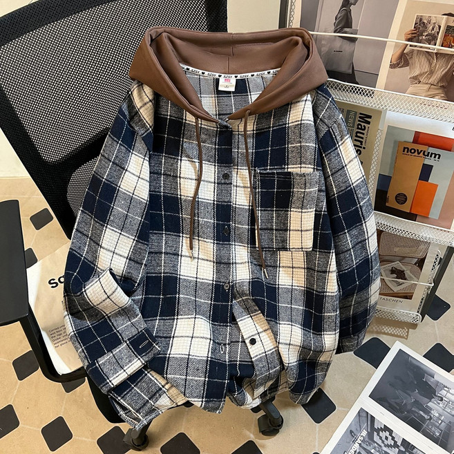 【慵懶顯瘦】格子襯衫 襯衫女 襯衣女 大碼女裝 寬鬆外套 加厚法式復古 連帽設計 秋冬保暖 胖mm遮肉穿搭