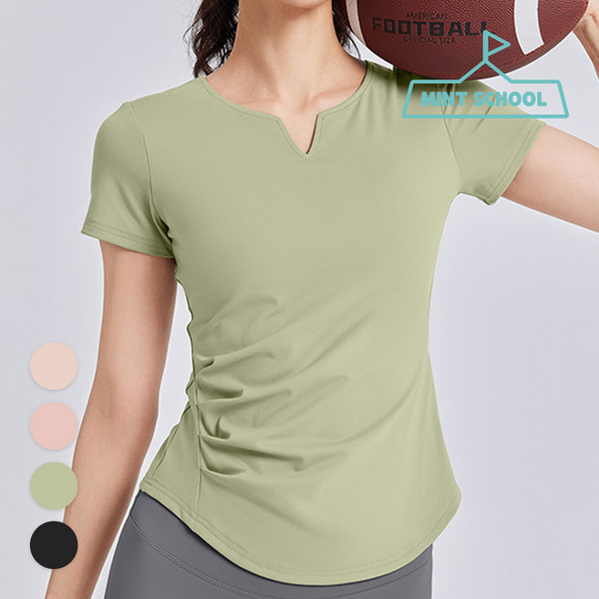 민트스쿨 브이넥 셔링 반팔 캡내장반팔티 요가복 필라테스복 운동탑